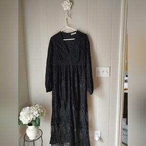 Goth Witch Black Long Sleeve V-Neck Maxi Lace Dress Size 10
